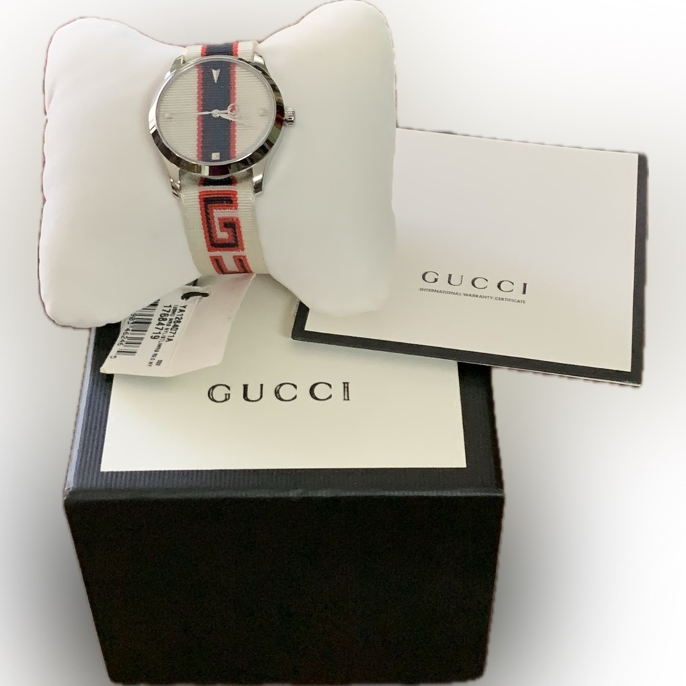 Gucci G-Timeless 38mm White/Red/Blue Unisex Watch.  Model Number YA1264071 NWT